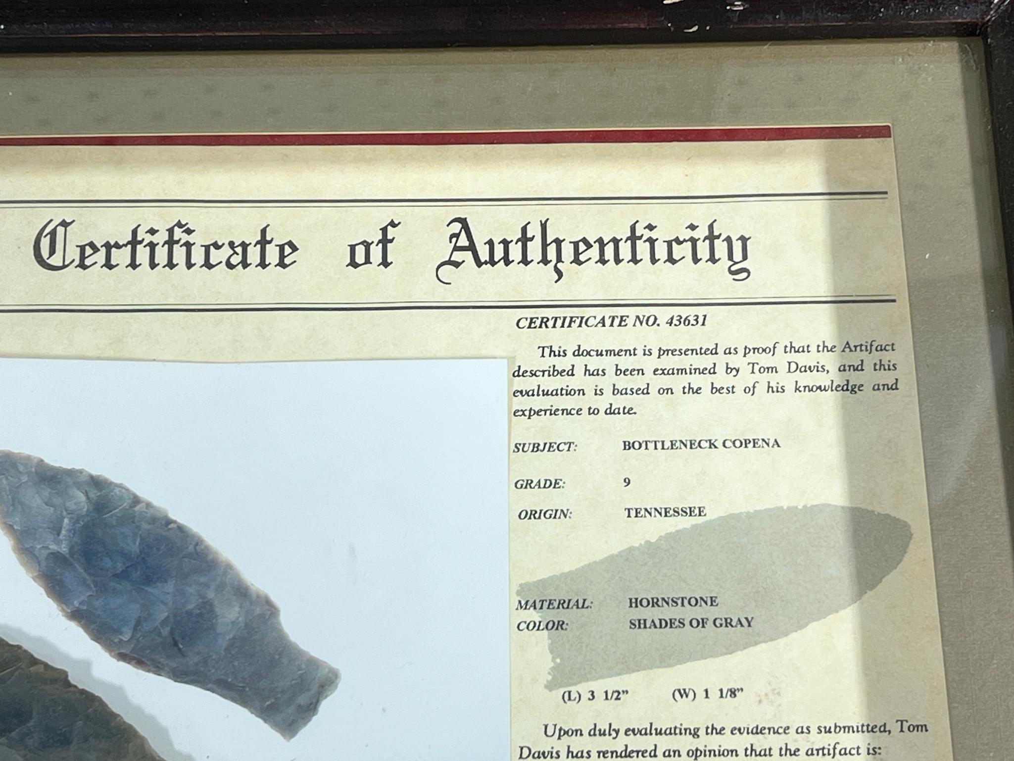 Arrowheads Artifacts Copena w/ Davis COA in frame, great artifact