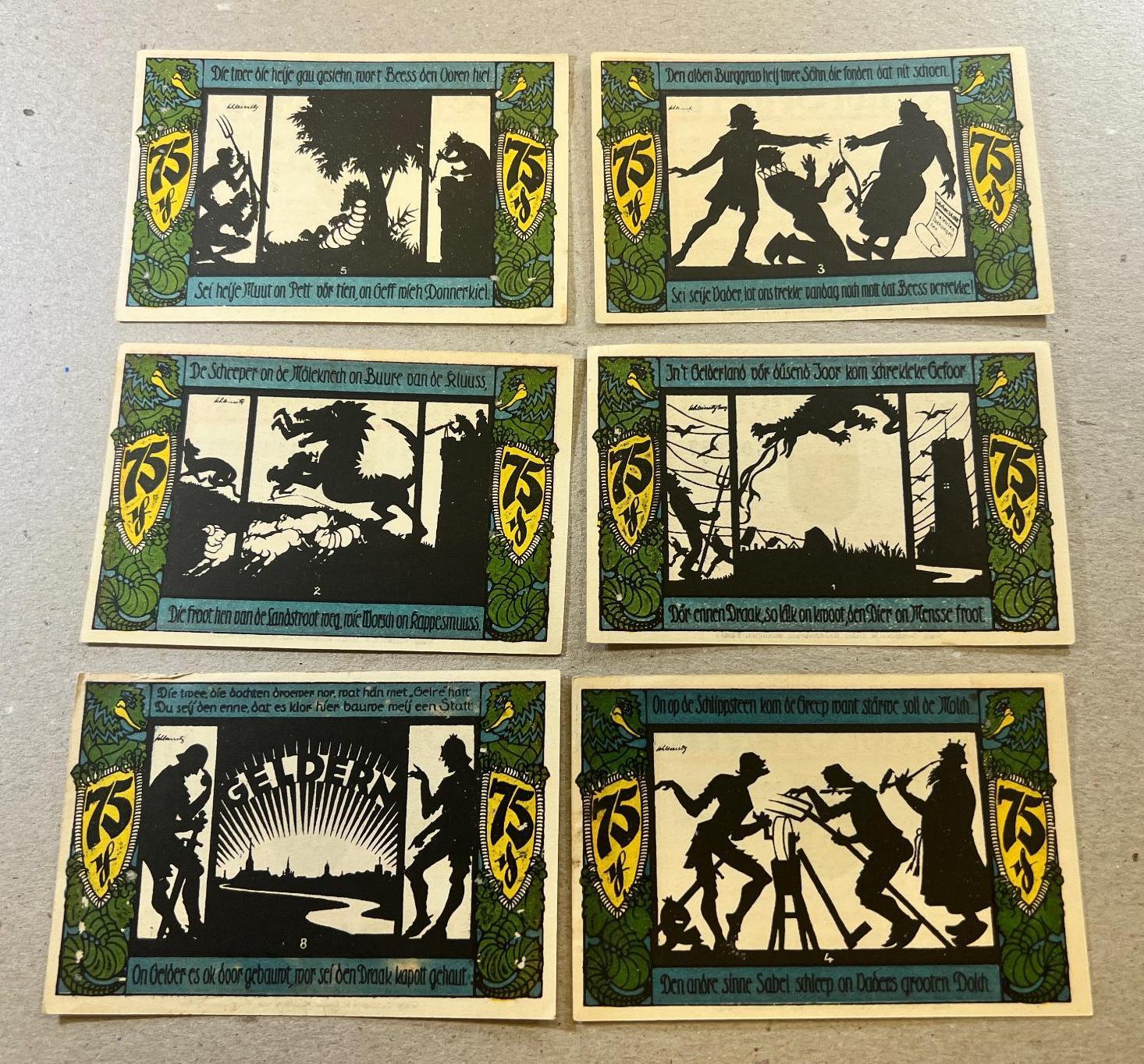 6 Piece Set of Notgeld German Emergency Issue banknotes, SELLS TIME THE MONEY