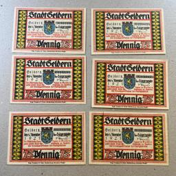 6 Piece Set of Notgeld German Emergency Issue banknotes, SELLS TIME THE MONEY