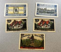 5 Pieces of Notgeld German Emergency Issue banknotes, SELLS TIME THE MONEY