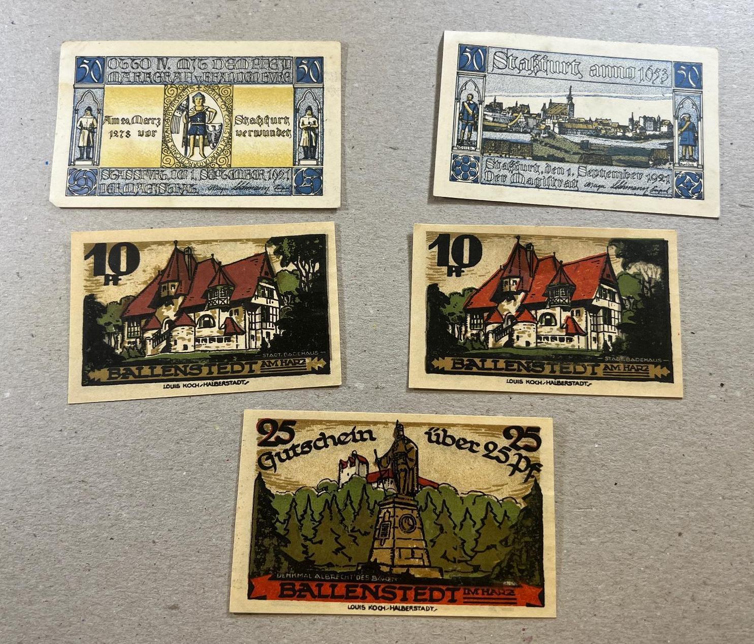 5 Pieces of Notgeld German Emergency Issue banknotes, SELLS TIME THE MONEY