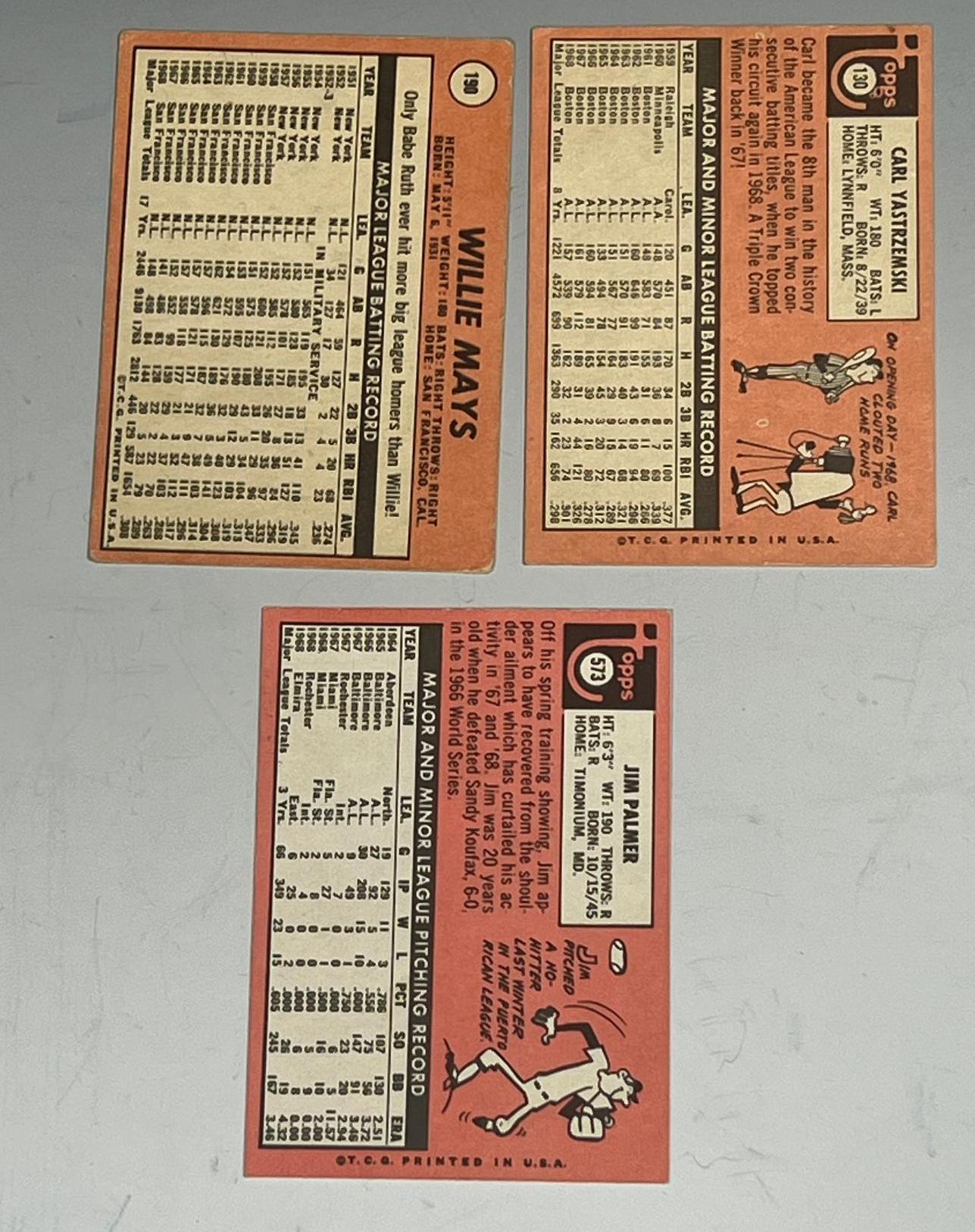 1969 Topps lot of 3,  Willie Mays, Carl Yaz Yastrzemski, and Jim Palmer