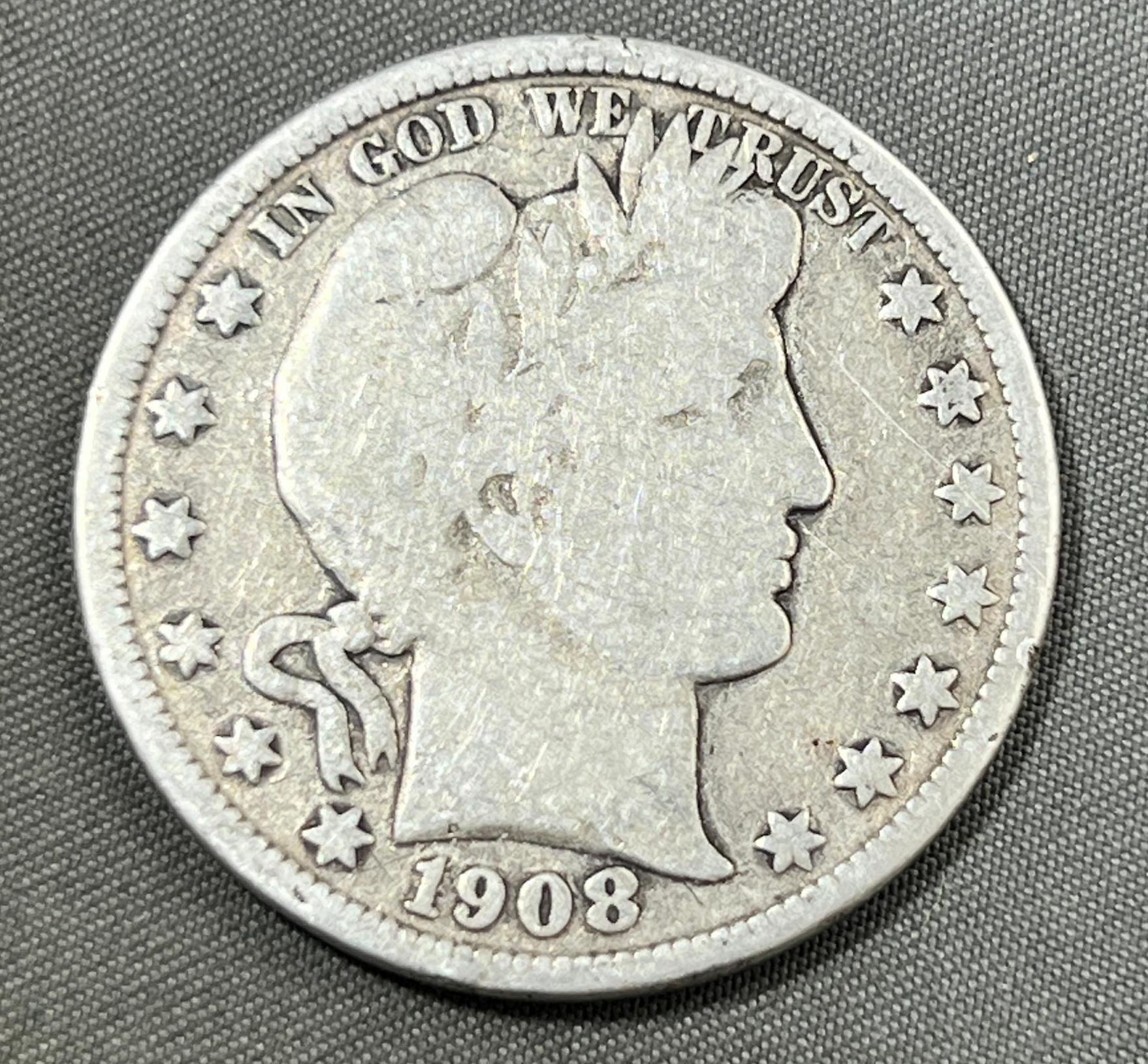 1908-D Barber Half Dollar, 90% Silver