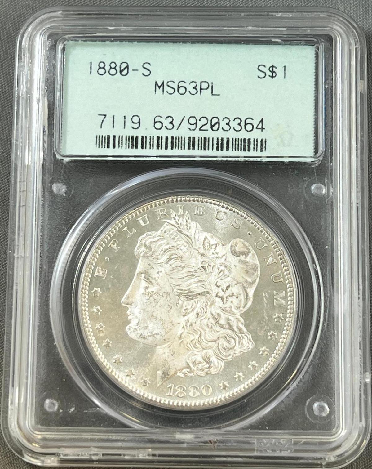 1880-S Morgan Silver Dollar in PCGS MS63PL Holder