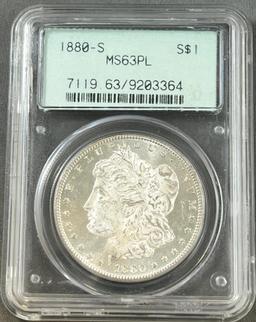 1880-S Morgan Silver Dollar in PCGS MS63PL Holder
