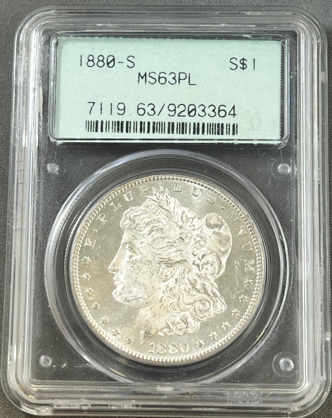 1880-S Morgan Silver Dollar in PCGS MS63PL Holder