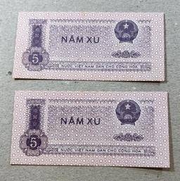 2- 1958 N. Vietnam 5 XU Banknotes, UNC, sells times the money