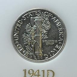 1941-D US Mercury Dime, 90% Silver