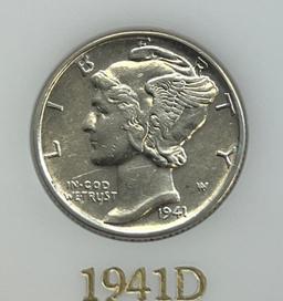 1941-D US Mercury Dime, 90% Silver