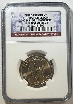 2007-D Jefferson Presidential Dollar in NGC BU holder