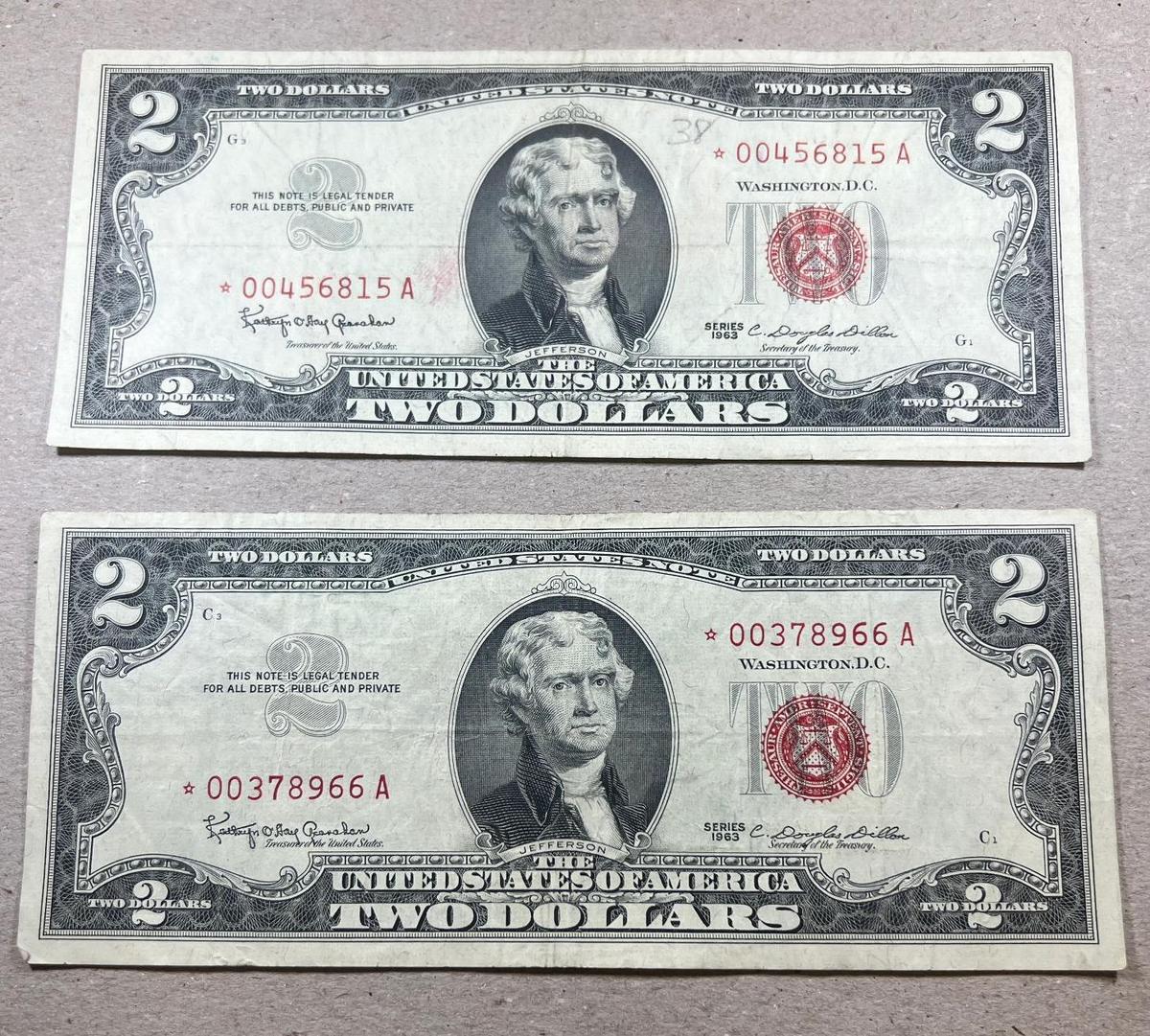 2- 1963 Red Seal $2.00 STAR Notes, sells times the money