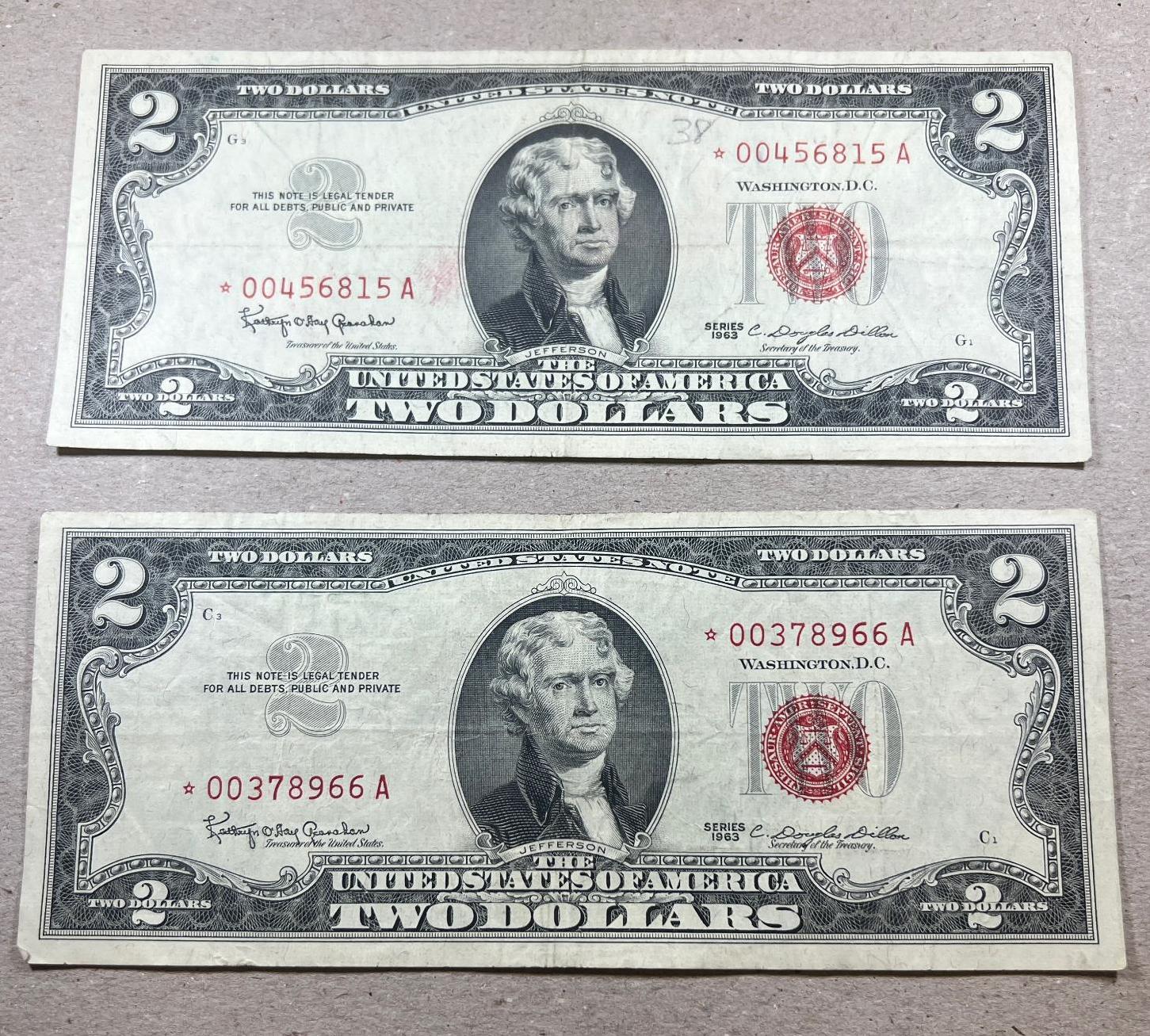 2- 1963 Red Seal $2.00 STAR Notes, sells times the money