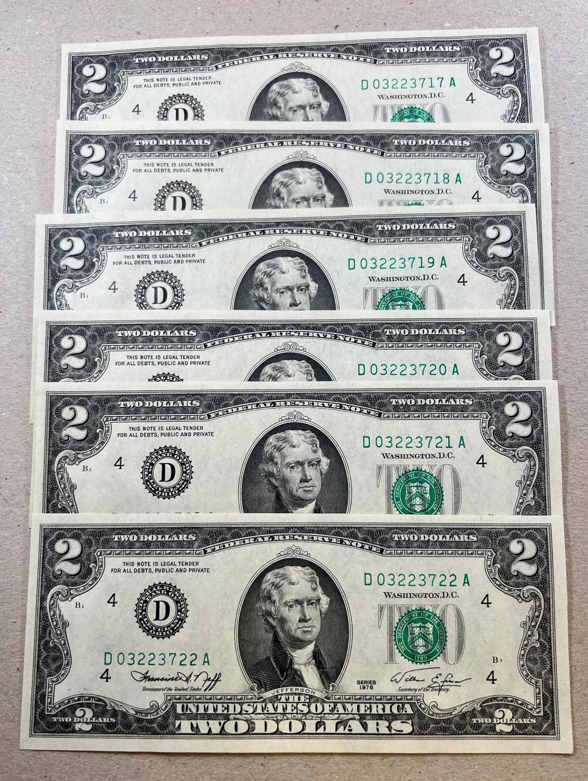 6- 1976 UNC $2.00 Banknotes w/ sequential serial numbers, SELLS TIMES THE MONEY