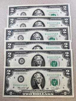 6- 1976 UNC $2.00 Banknotes w/ sequential serial numbers, SELLS TIMES THE MONEY
