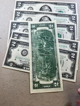 6- 1976 UNC $2.00 Banknotes w/ sequential serial numbers, SELLS TIMES THE MONEY