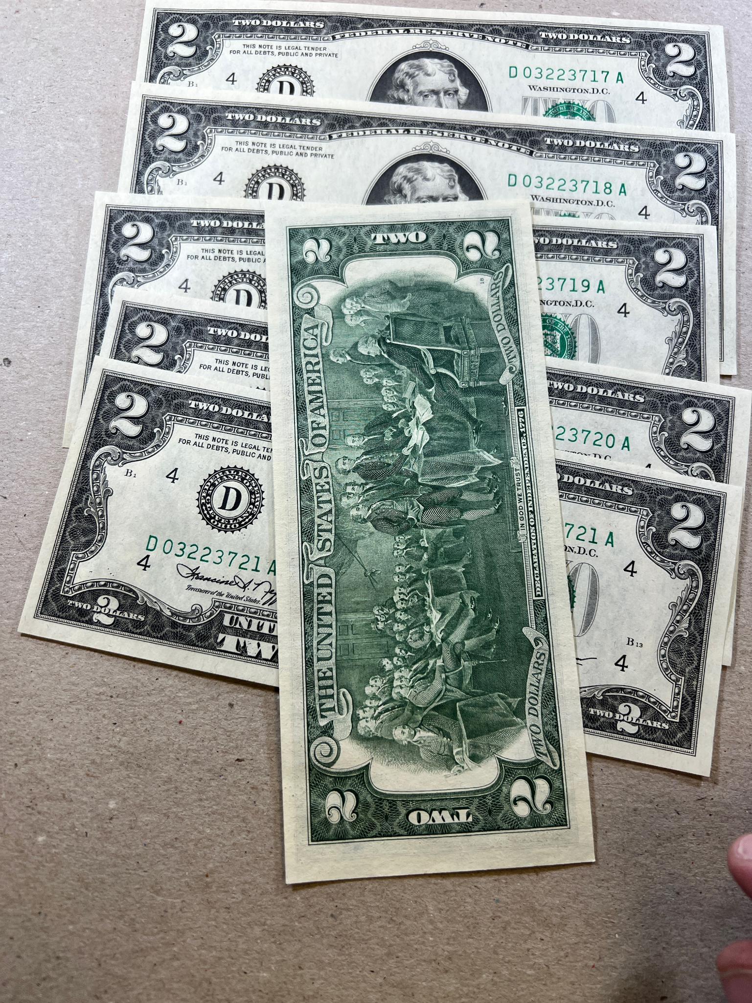 6- 1976 UNC $2.00 Banknotes w/ sequential serial numbers, SELLS TIMES THE MONEY