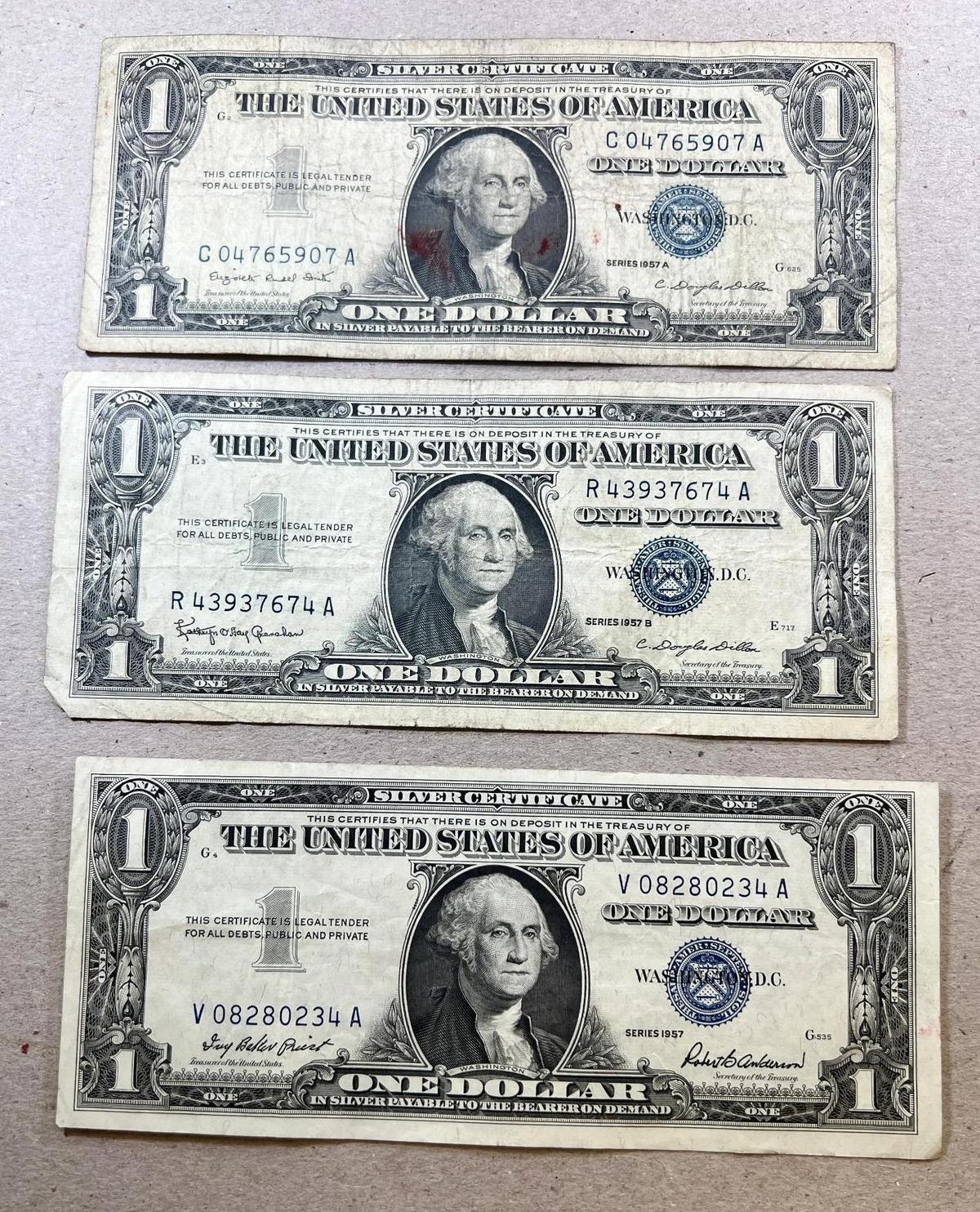 3- 1957 Silver Certificates, 1957, 1957A, 1957B, SELLS TIMES THE MONEY