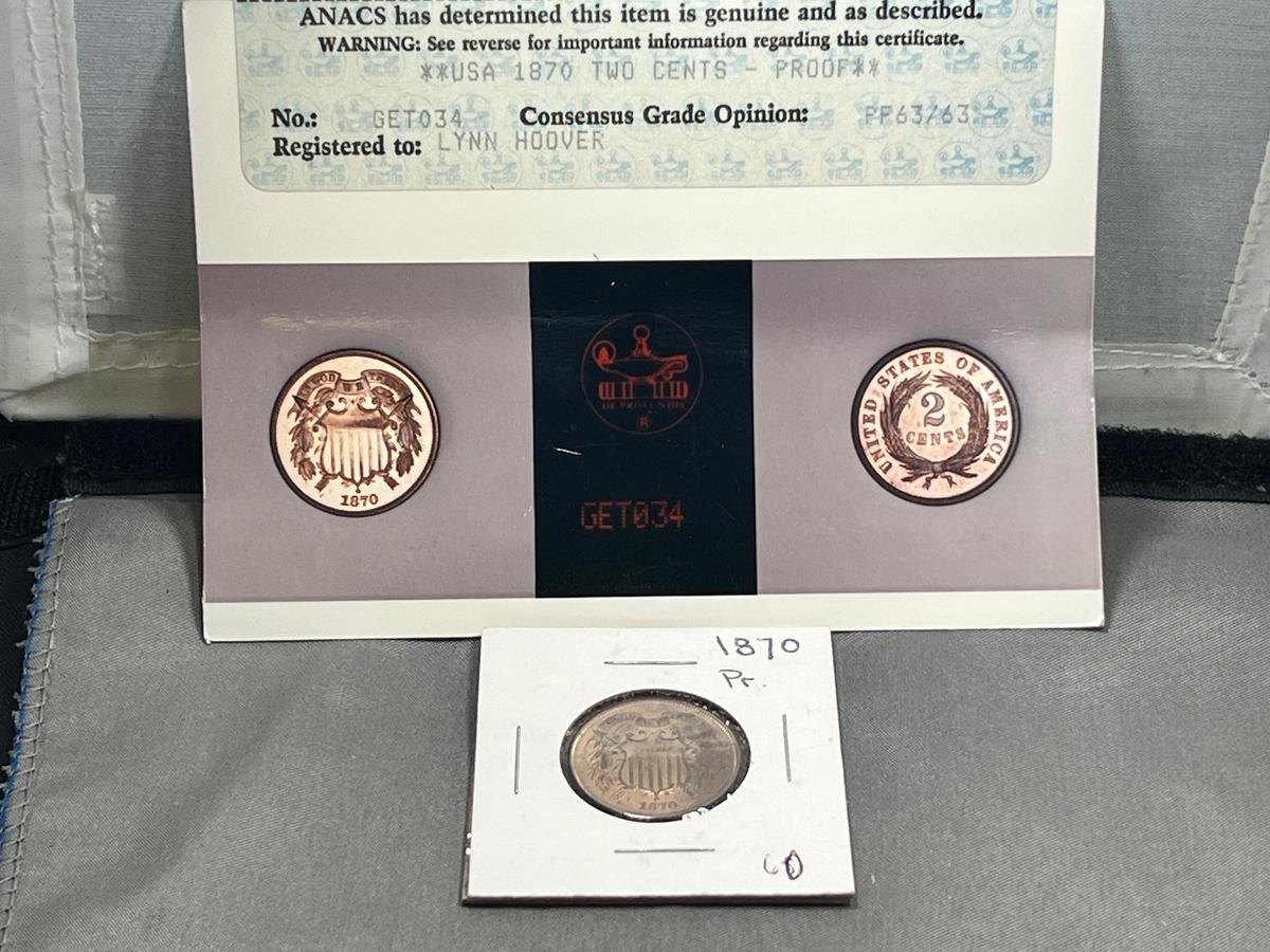 1870 Proof US 2 Cent Piece w/ ANACS Certificate included, see note below