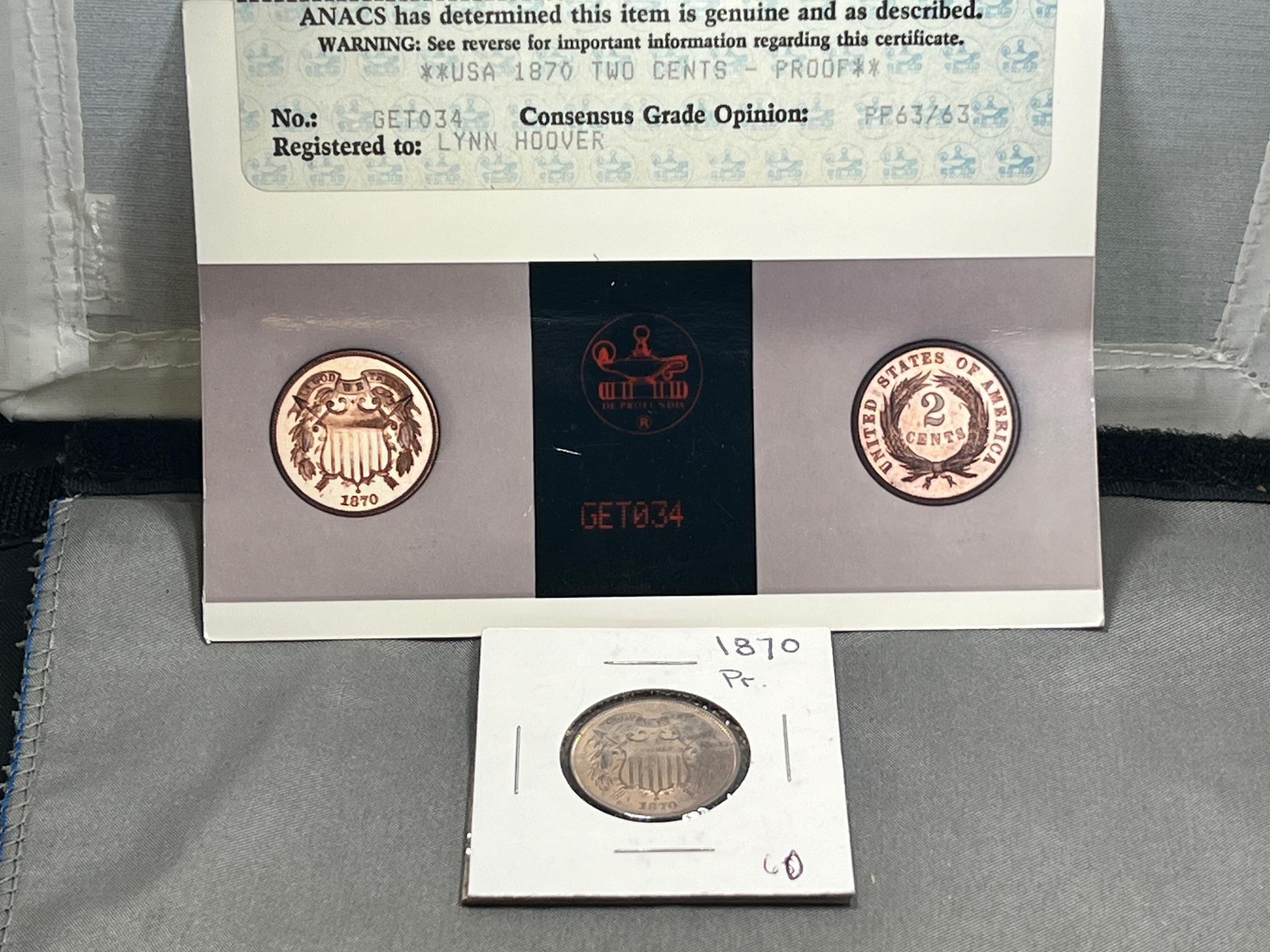 1870 Proof US 2 Cent Piece w/ ANACS Certificate included, see note below
