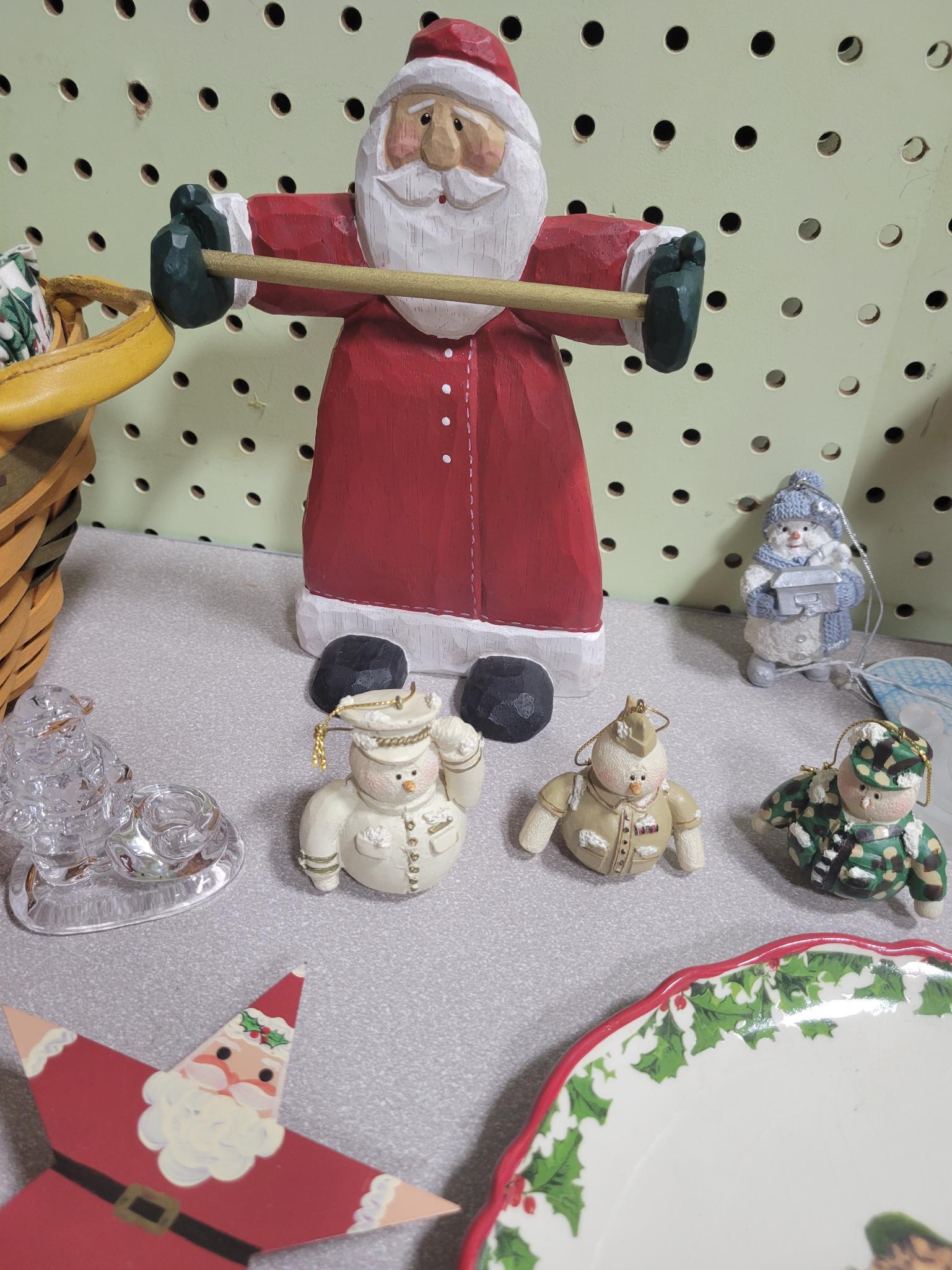 2 Longaberger baskets, 4 plates, 4 snowman ornaments and more