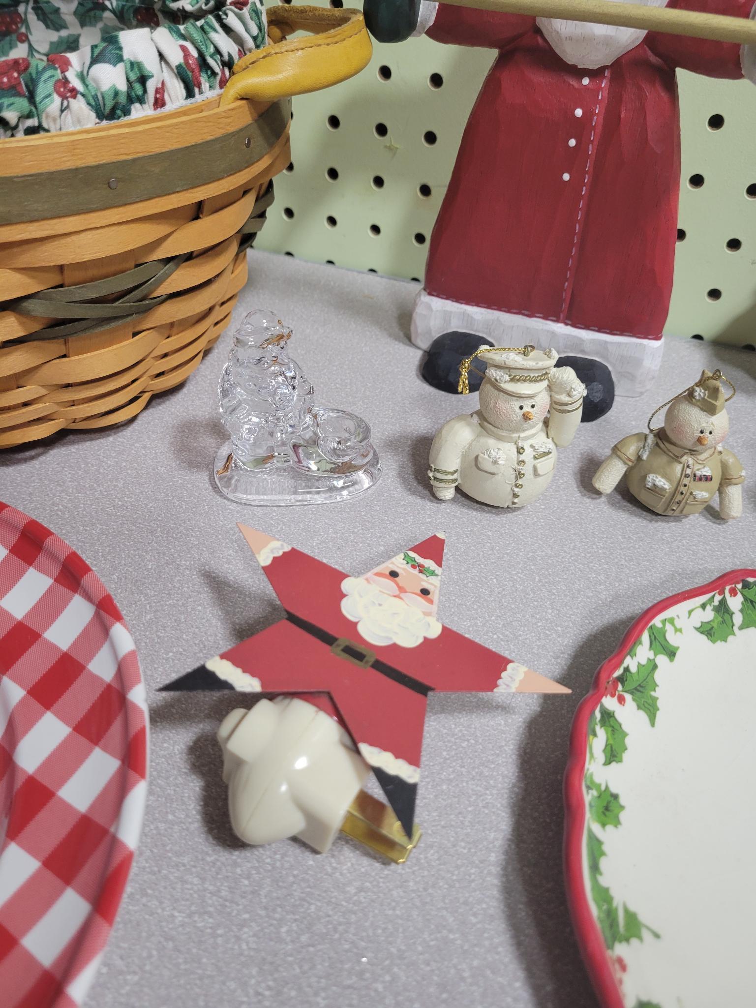 2 Longaberger baskets, 4 plates, 4 snowman ornaments and more