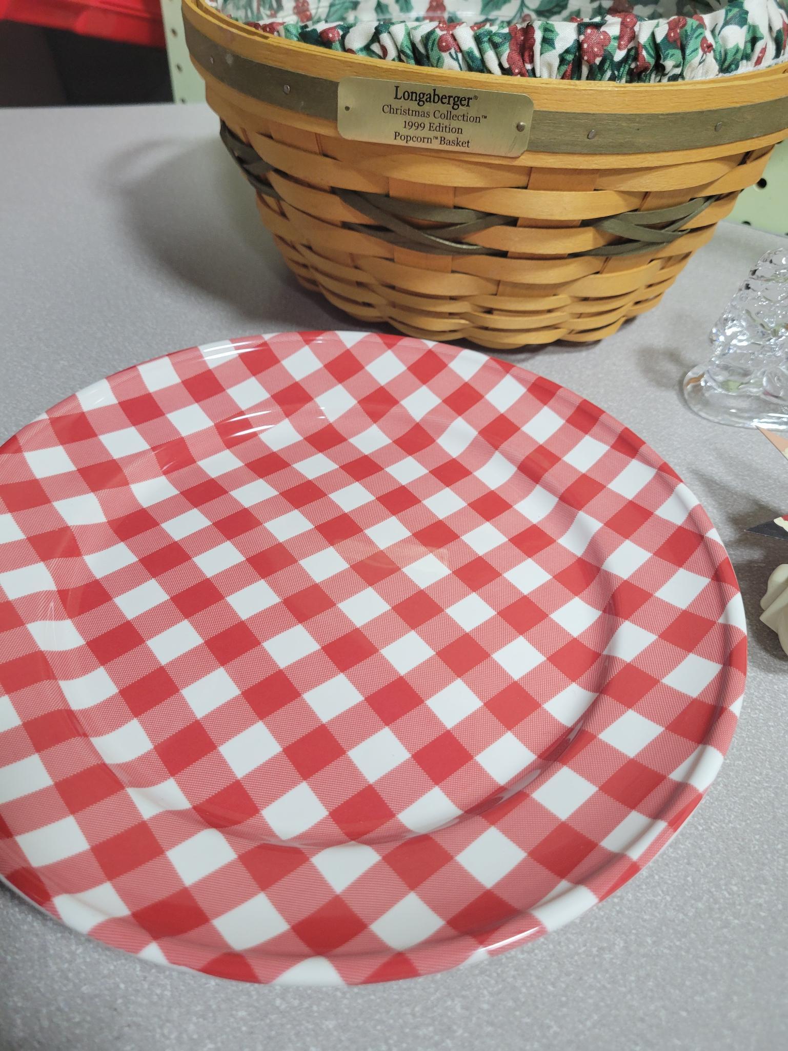 2 Longaberger baskets, 4 plates, 4 snowman ornaments and more