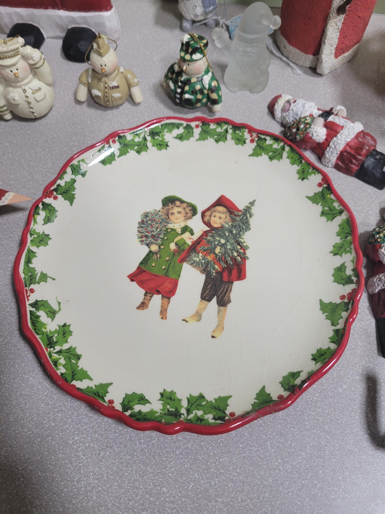 2 Longaberger baskets, 4 plates, 4 snowman ornaments and more