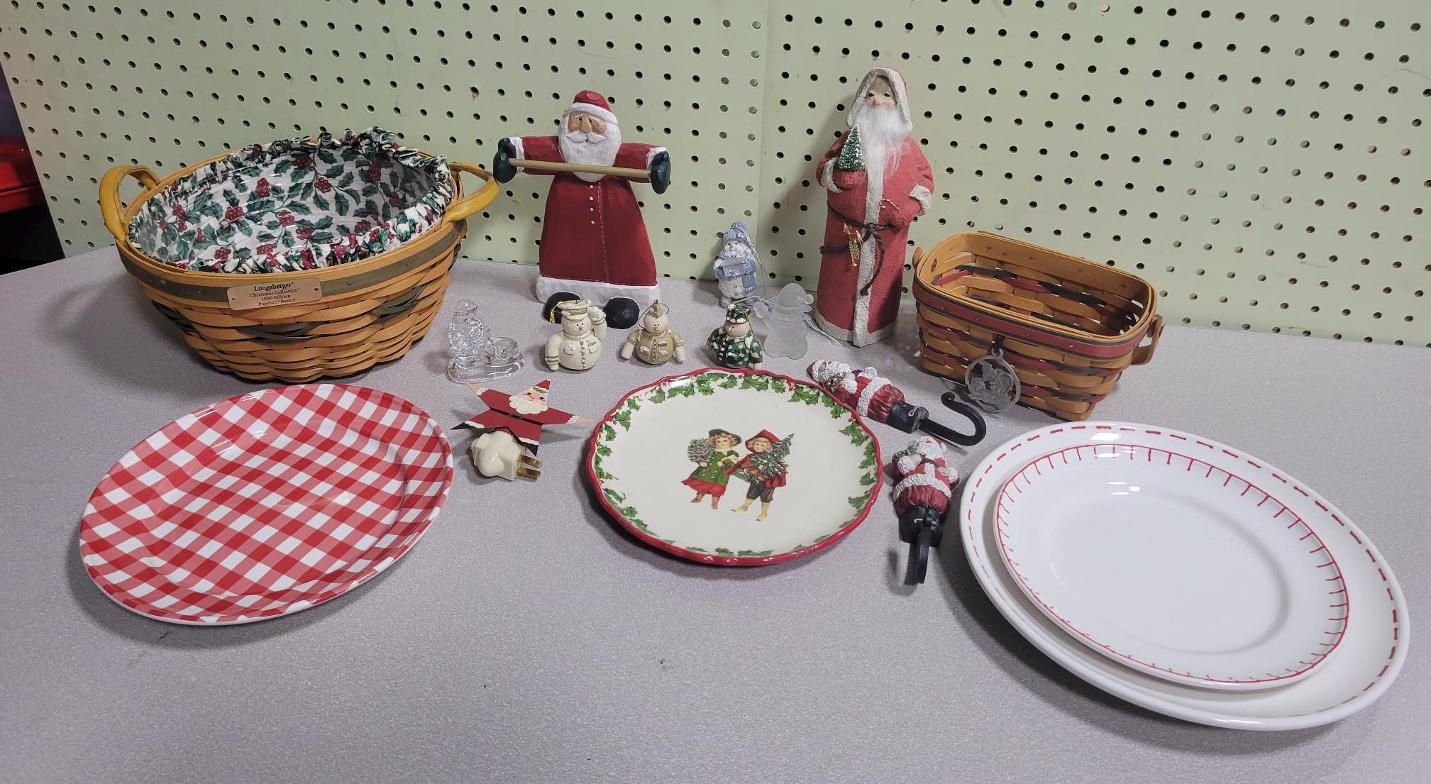 2 Longaberger baskets, 4 plates, 4 snowman ornaments and more