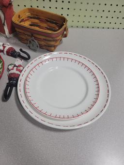 2 Longaberger baskets, 4 plates, 4 snowman ornaments and more
