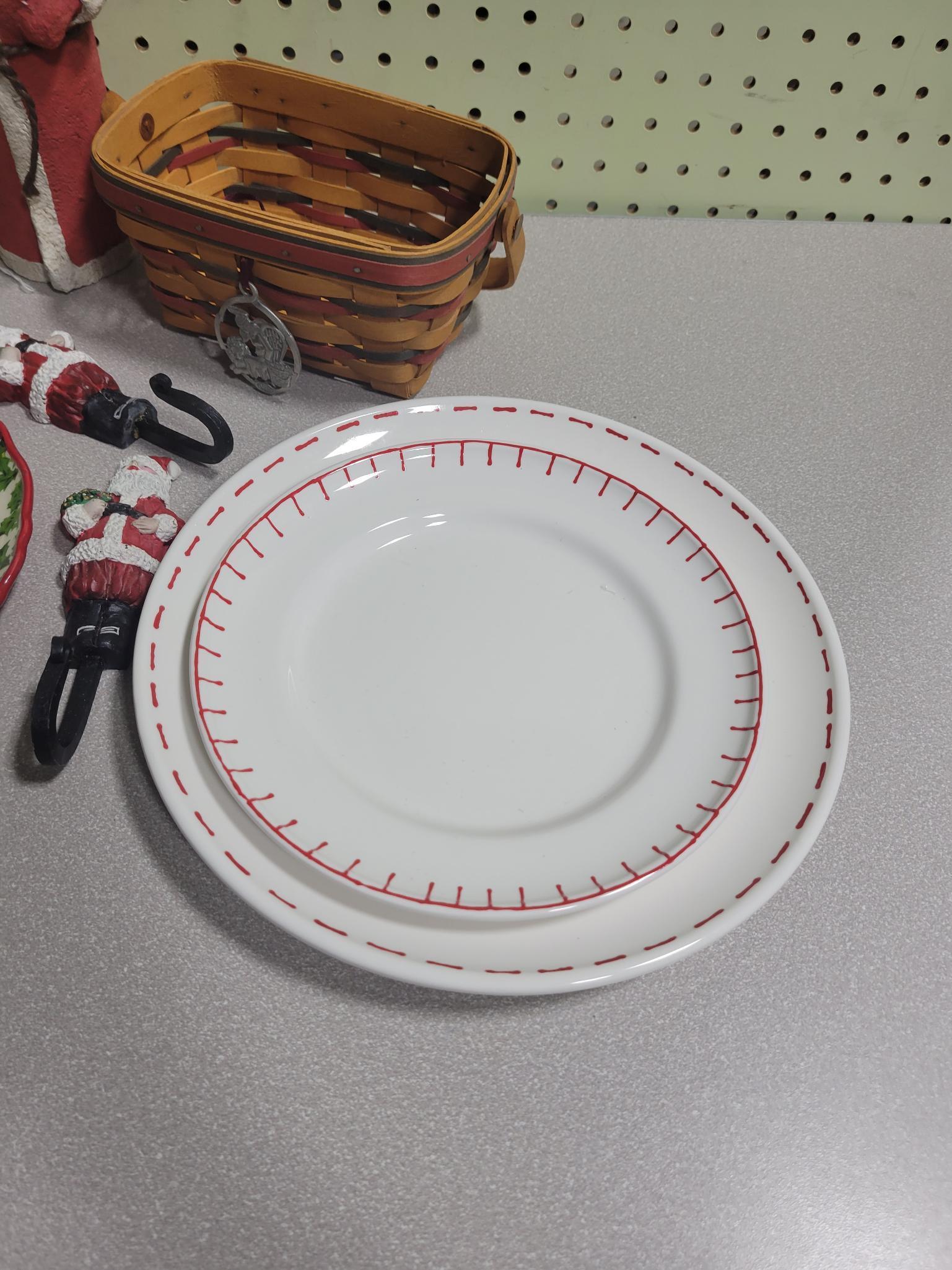 2 Longaberger baskets, 4 plates, 4 snowman ornaments and more