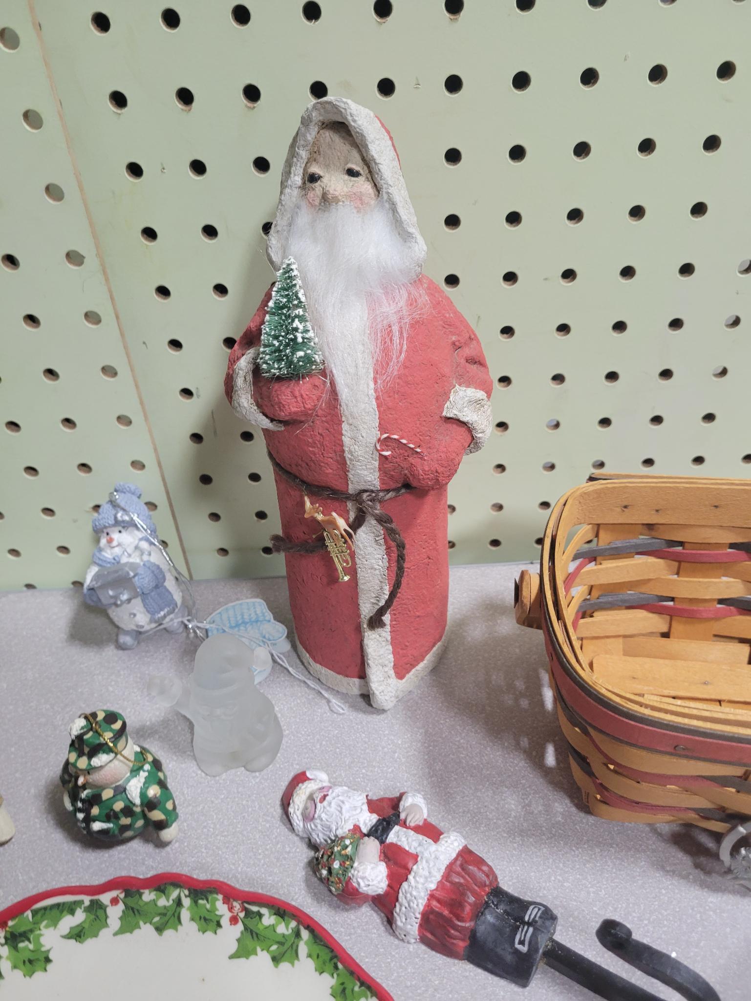 2 Longaberger baskets, 4 plates, 4 snowman ornaments and more