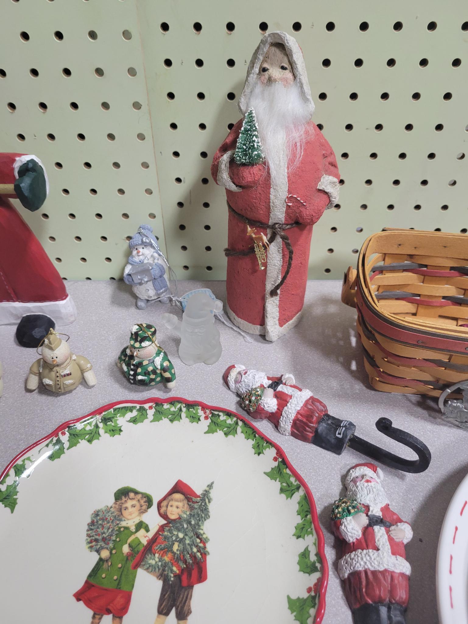 2 Longaberger baskets, 4 plates, 4 snowman ornaments and more