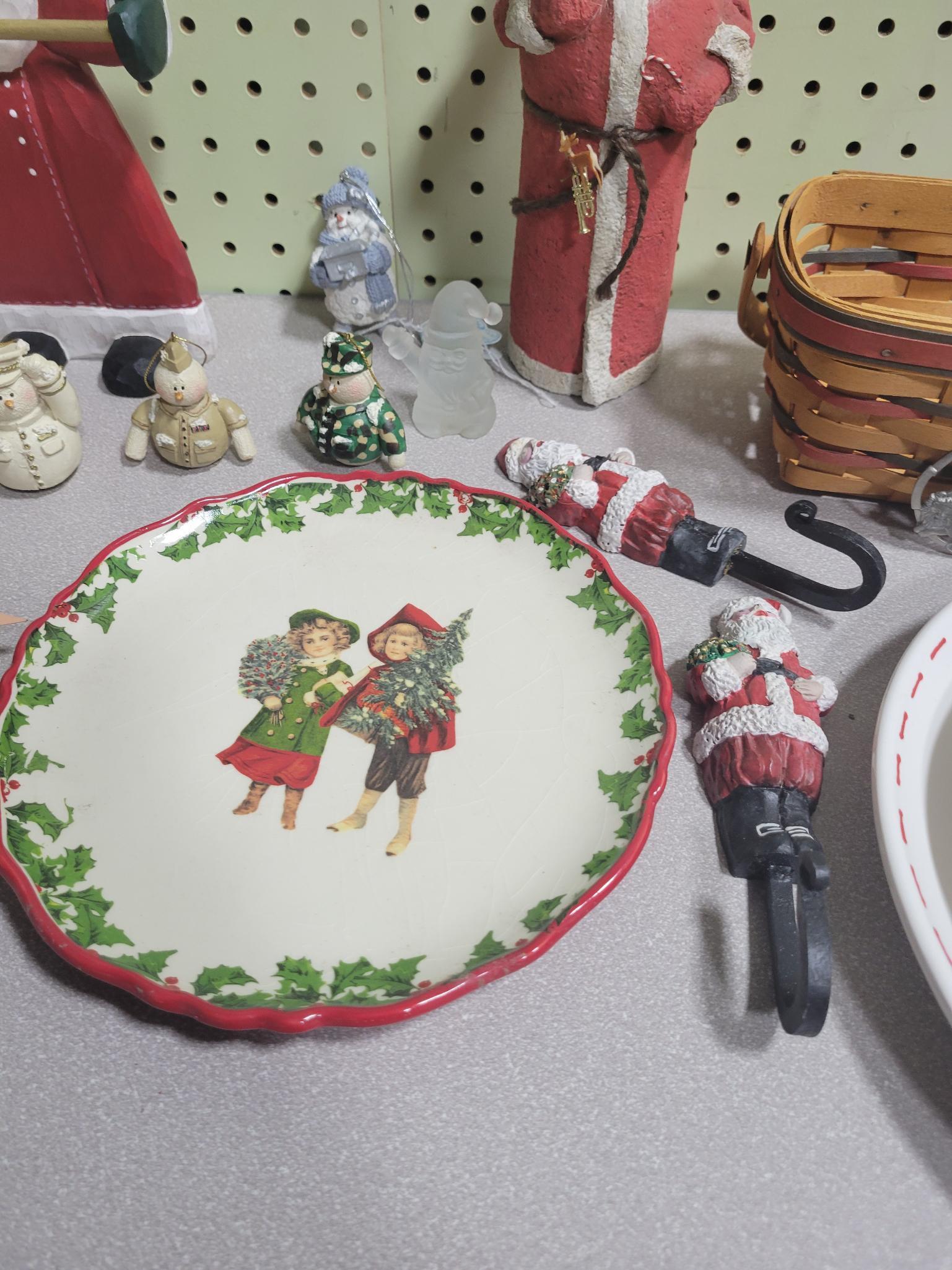 2 Longaberger baskets, 4 plates, 4 snowman ornaments and more