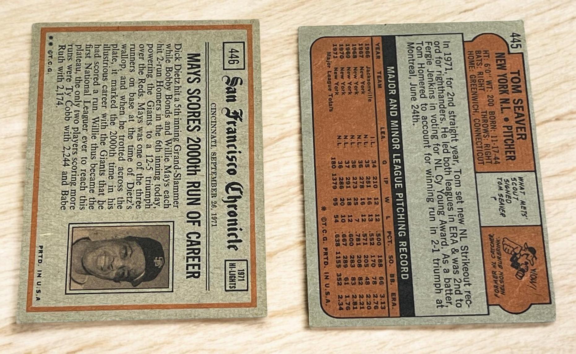 1972 Topps Tom Seaver (creased) & In Action #445 & 446