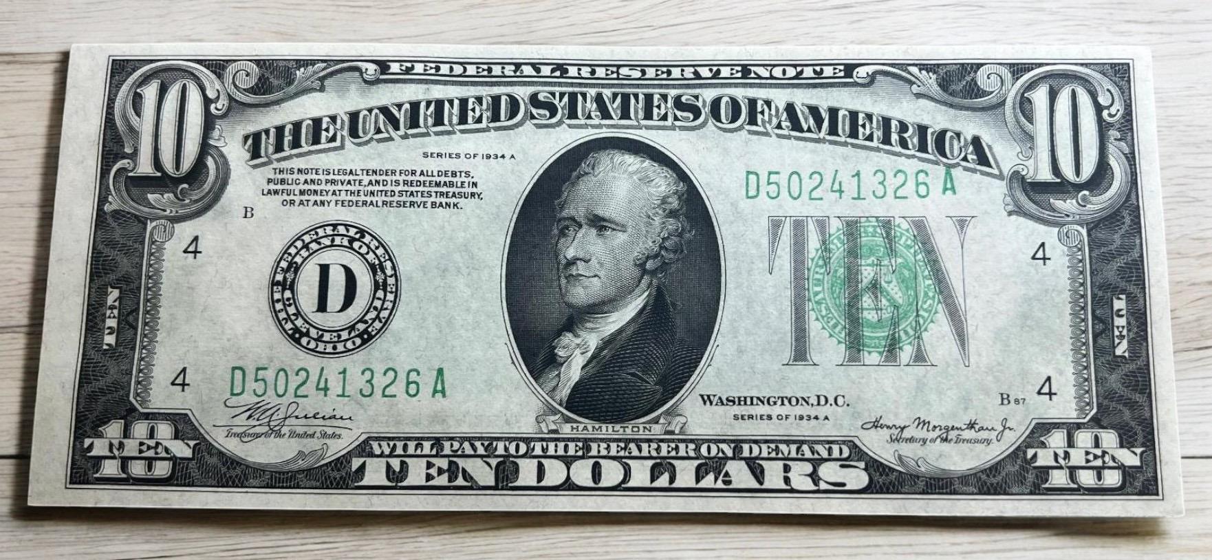 1934A $10.00 Green Seal Federal Reserve Note, UNC
