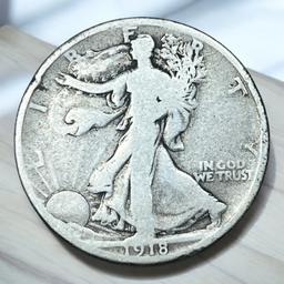 1918-D Reverse US Walking Liberty Half Dollar, 90% Silver