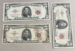 3- 1963 $5.00 Red Seal US Banknotes