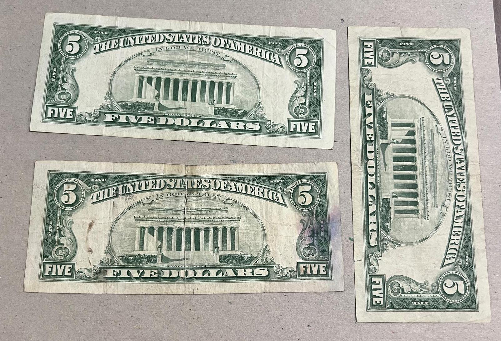 3- 1963 $5.00 Red Seal US Banknotes