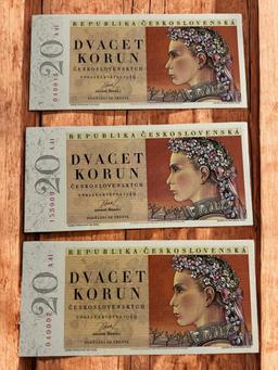 3- 1949 Czechoslovakia 20 Korun Banknotes