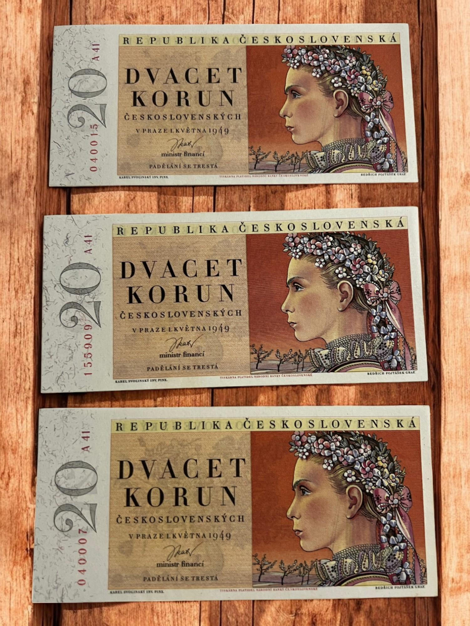 3- 1949 Czechoslovakia 20 Korun Banknotes