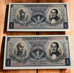 2- 1973 Columbia 1 Peso Banknotes, UNC w/ sequential serial numbers