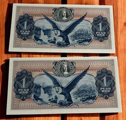 2- 1973 Columbia 1 Peso Banknotes, UNC w/ sequential serial numbers