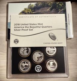 2018 US Proof Silver Quarter Set, includes 5 Silver Quarters