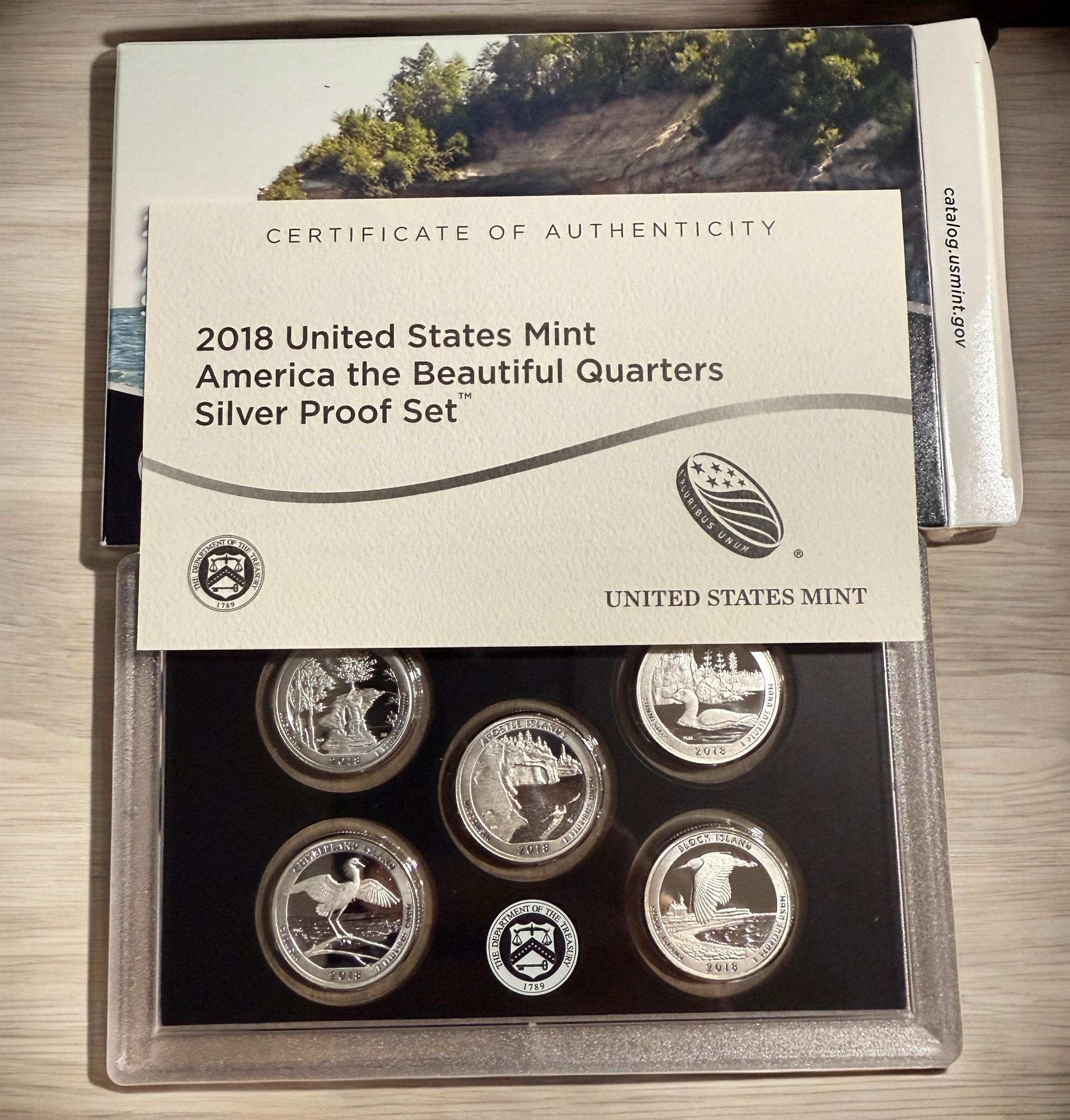 2018 US Proof Silver Quarter Set, includes 5 Silver Quarters