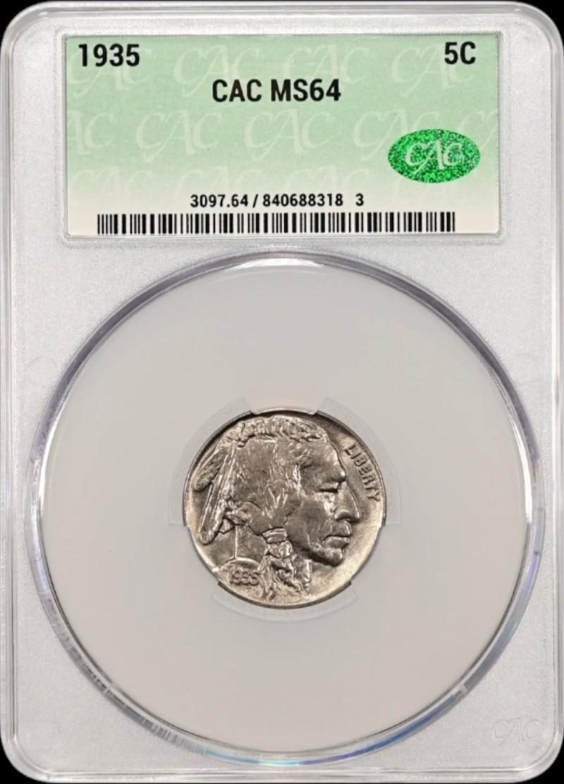 1935 Buffalo Nickel in CAC MS64 holder