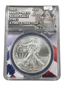 2021 US Silver Eagle, .999 Fine Silver, Type 1 in ANACS MS70 Holder