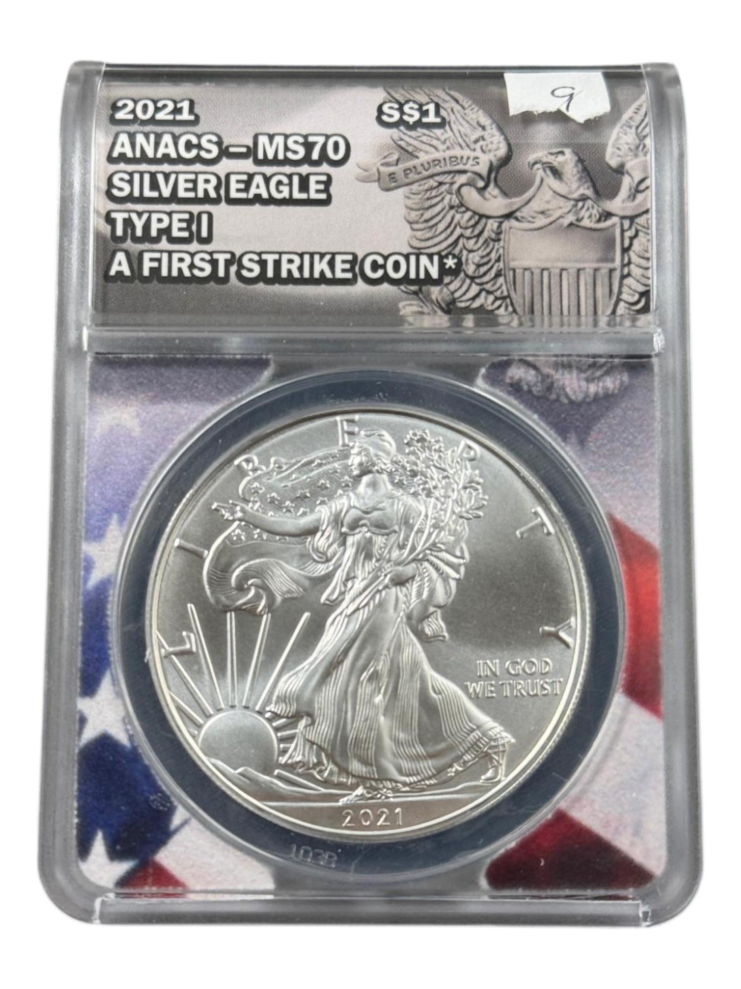 2021 US Silver Eagle, .999 Fine Silver, Type 1 in ANACS MS70 Holder