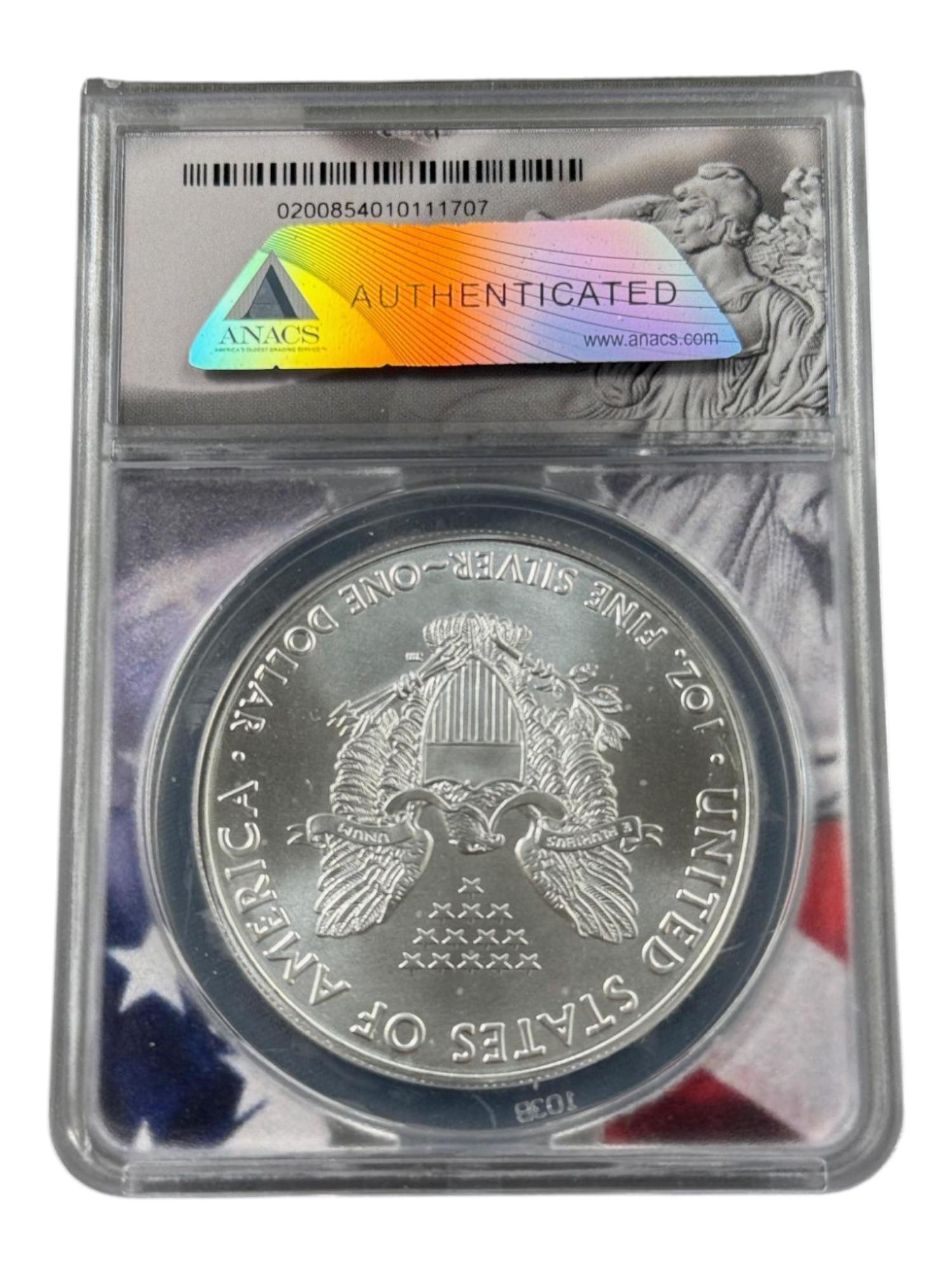 2021 US Silver Eagle, .999 Fine Silver, Type 1 in ANACS MS70 Holder
