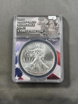 2021 US Silver Eagle, .999 Fine Silver, Type 1 in ANACS MS70 Holder