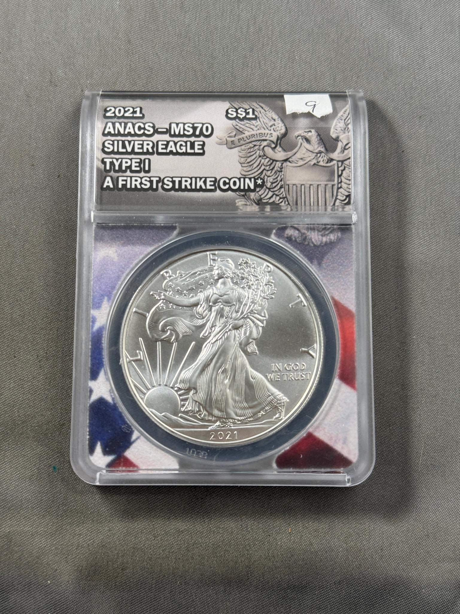 2021 US Silver Eagle, .999 Fine Silver, Type 1 in ANACS MS70 Holder